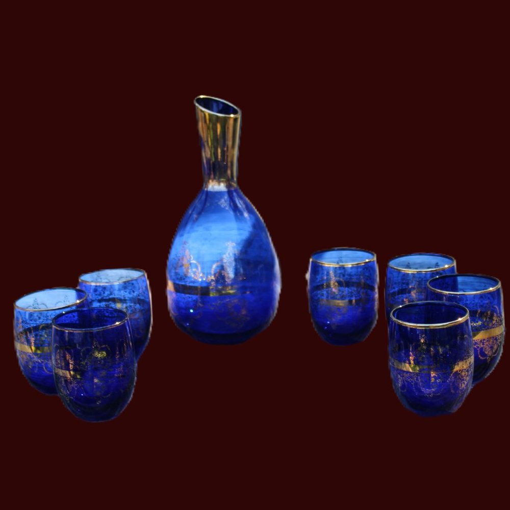 Vintage Drinkware – Cobalt Blue Decanter & Cups – Holiday Gift – Stopper Missing